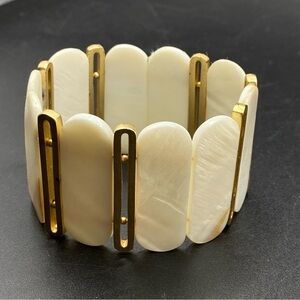 Mother Of Pearl Iridescent Shell Stretch Wide Bracelet Gold Trim